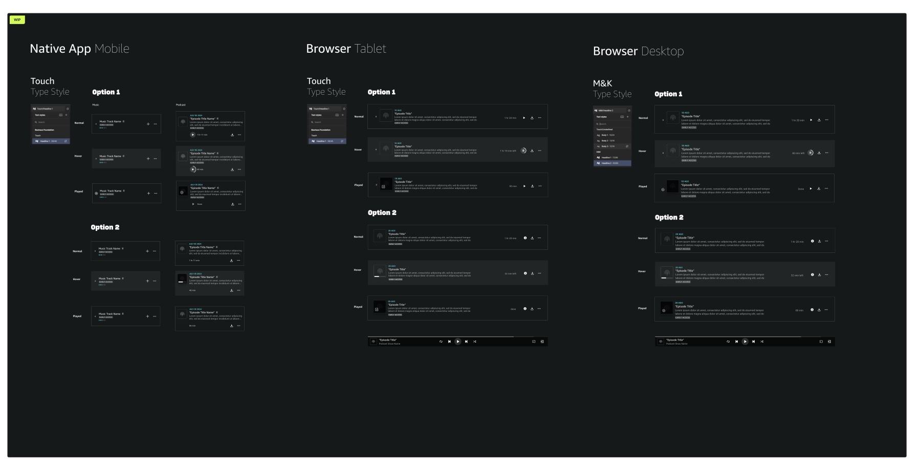 Table row options · Native App Mobile, Browser Tablet, Browser Desktop side-by-side