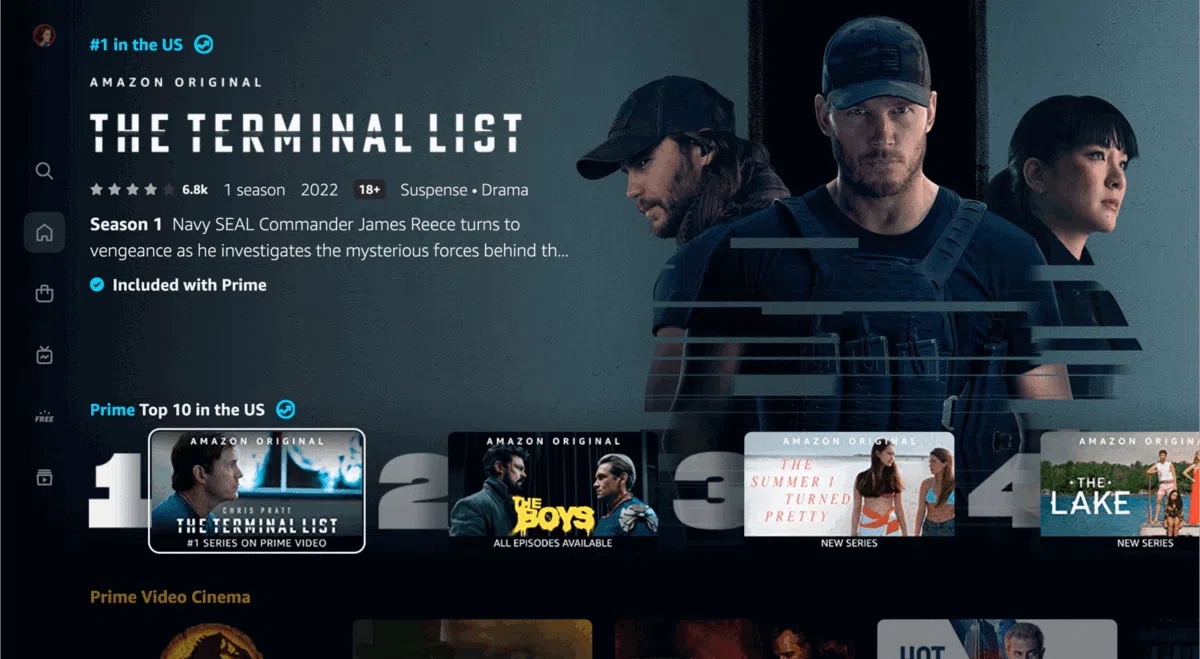 Prime Video homepage post-redesign · The Terminal List hero with the #1 in US Top 10 carousel beneath