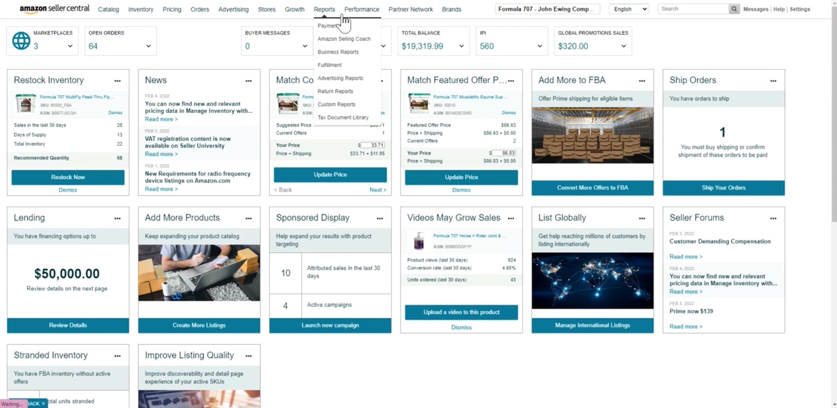 After · the new Seller Central dashboard, card-grid homepage built from Katal primitives