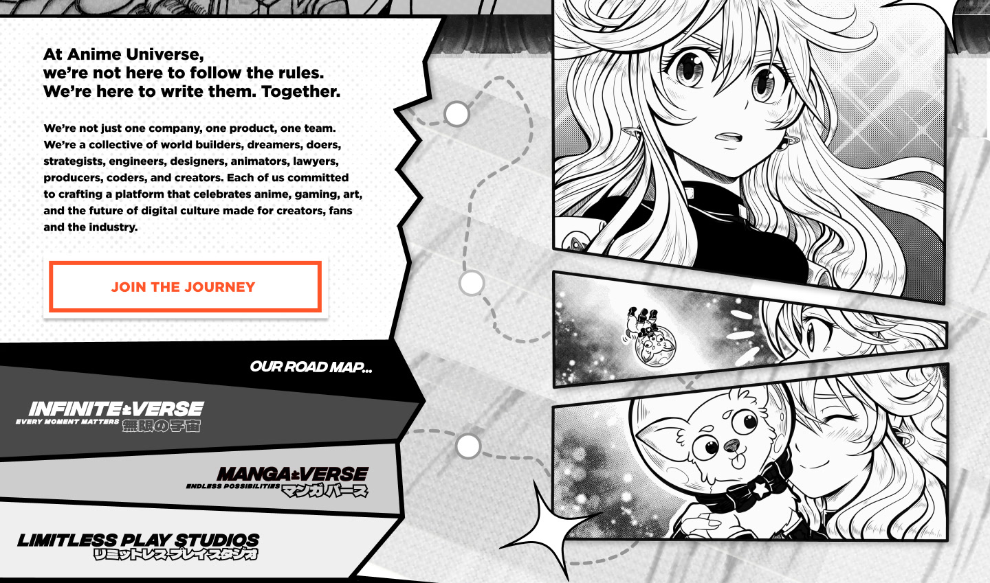 Splash page · manifesto, ‘Join the Journey’ and the three-pillar roadmap