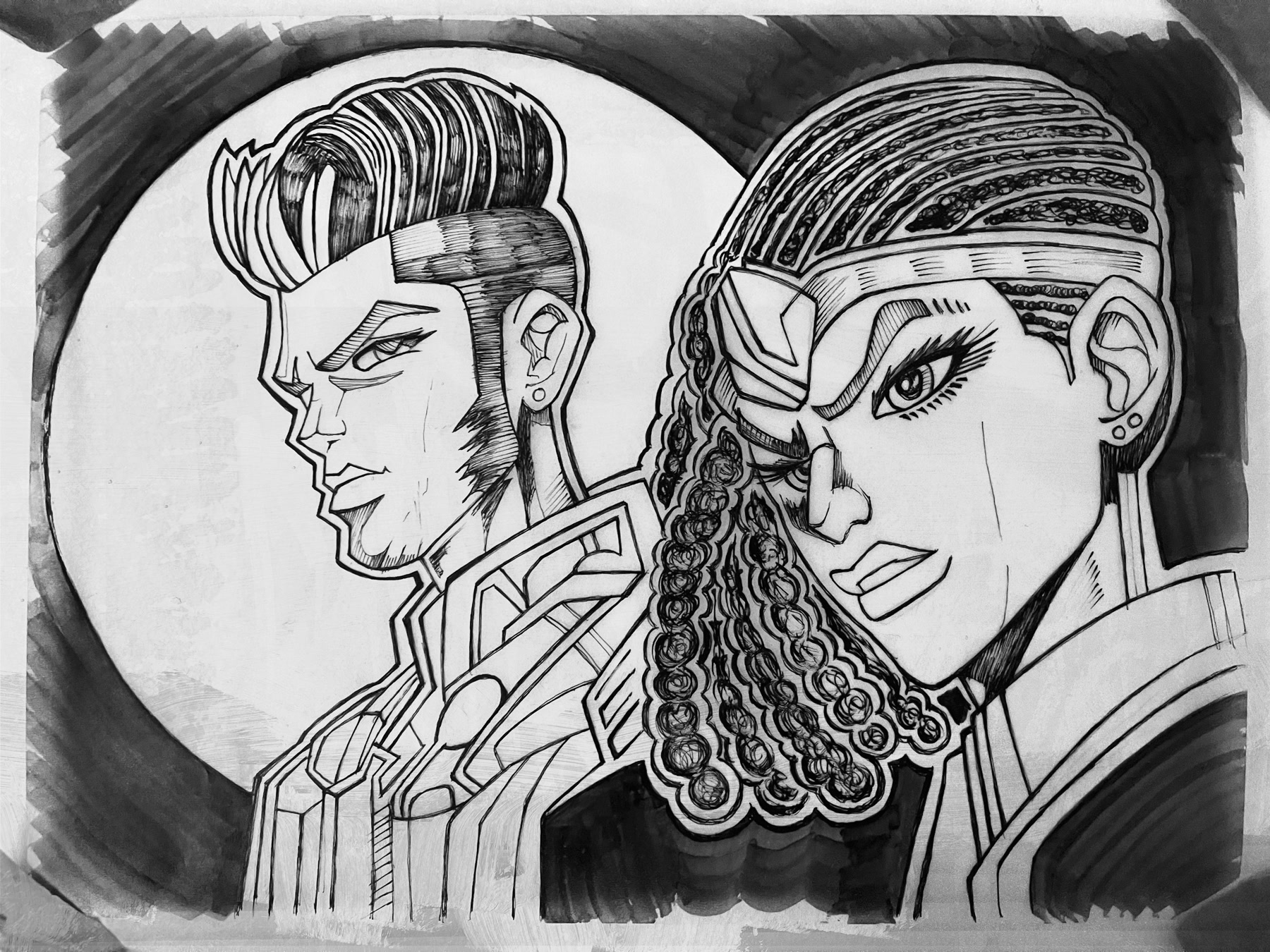 Sketchbook · hand-inked character study, ink and marker