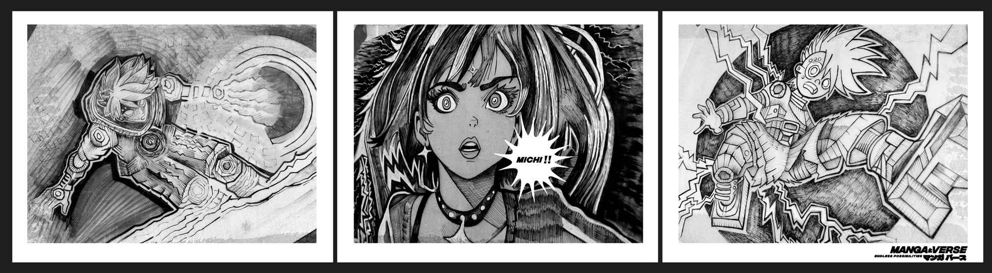 Manga✦Verse · a hand-inked three-panel concept strip