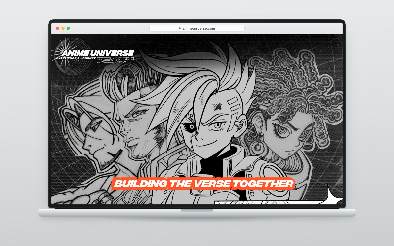Anime Universe · the splash site, shown on a laptop