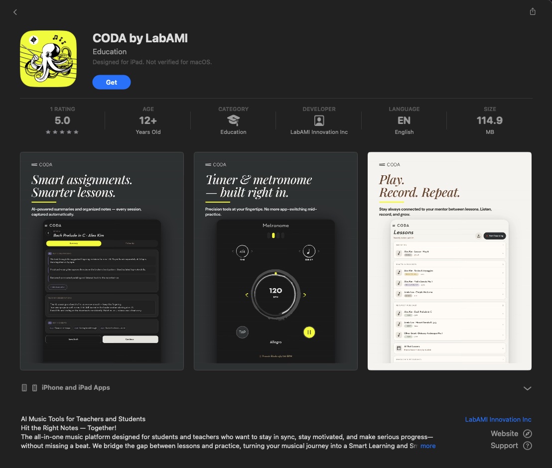 CODA by LabAMI on the iPad App Store · Smart assignments, Tuner & metronome, Play. Record. Repeat.
