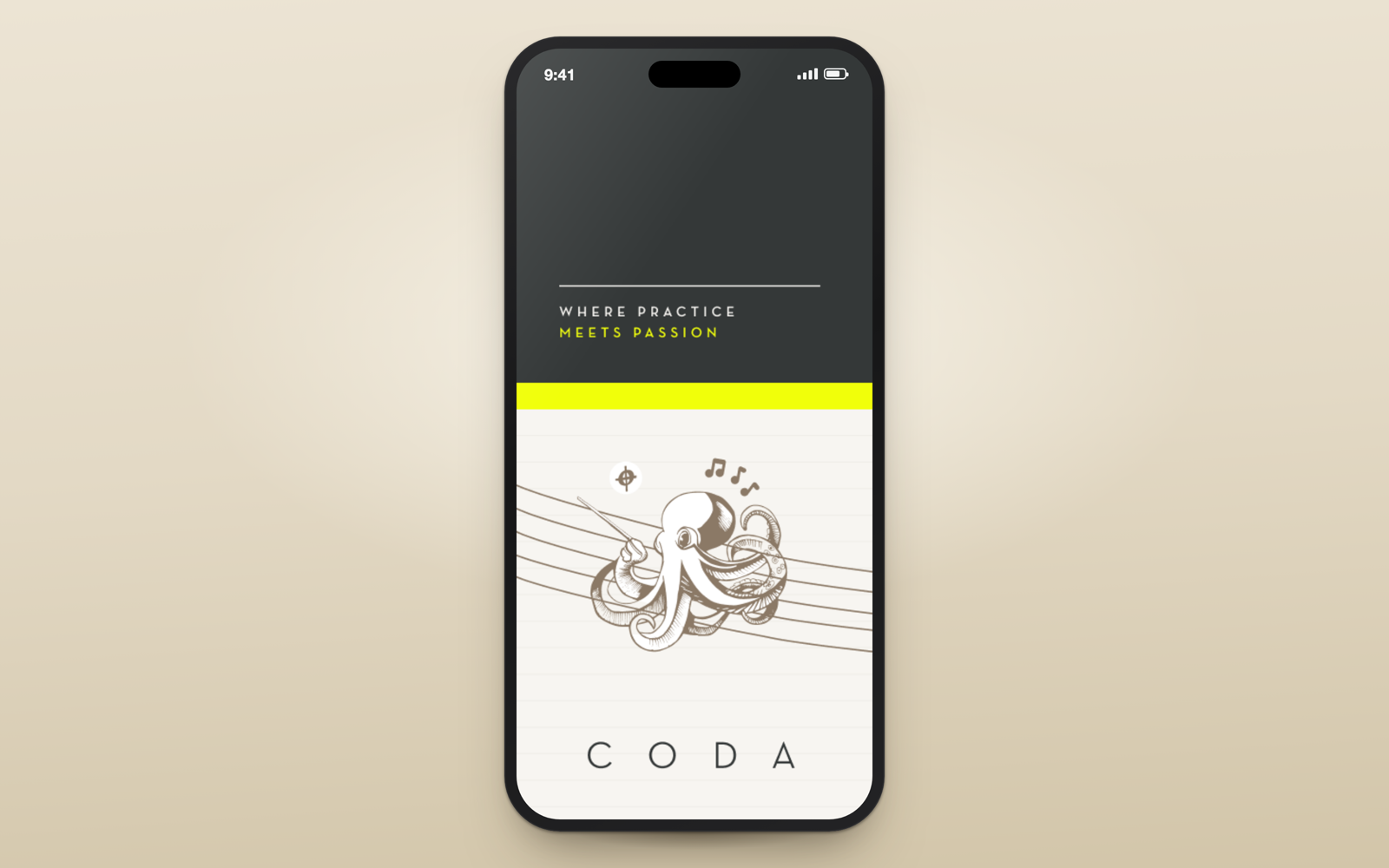 CODA · the LabAMI practice app, splash screen on a phone